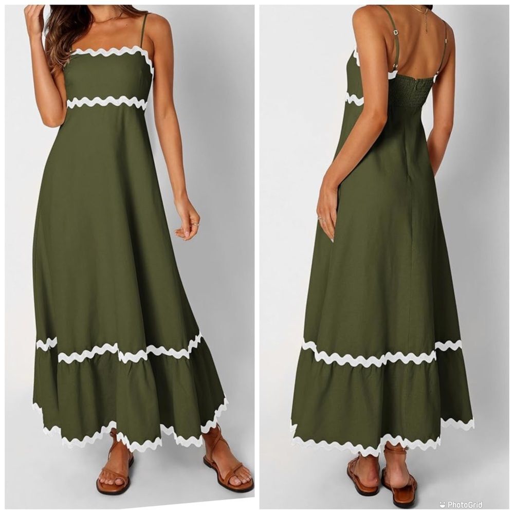 Olive Green Maxi Dress with White Trim